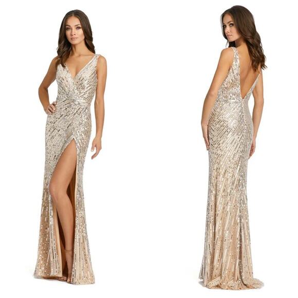 Mac Duggal Sleeveless Diagonal Sequined V-Neck Gown Nude/Silver Size 0 NWT